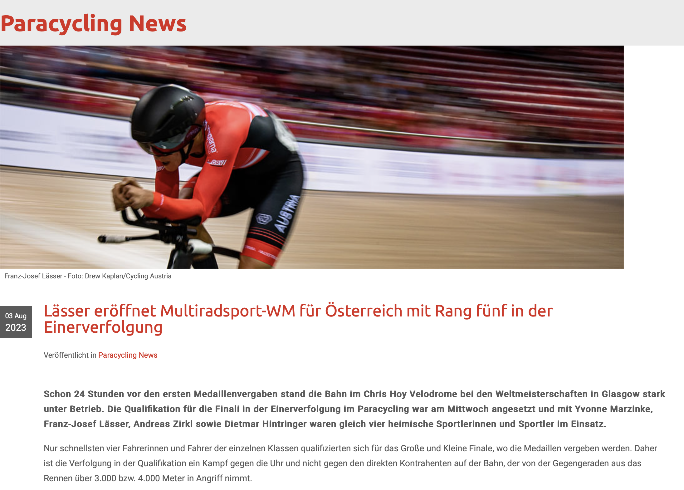 Lässer eröffnet Multiradsport-WM für Österreich mit Rang fünf in der Einerverfolgung