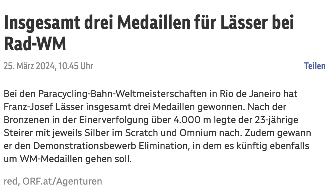 Artikel: Insgesamt drei Medaillen für Lässer bei Rad-WM